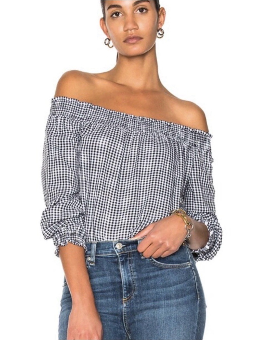Rag & Bone Black/ White Off-Shoulder Smocked Gingham 3/4 Sleeve Blouse Size Med